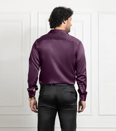 Image of CVC Men's Satin Regular Fit Formal Full Sleeve Solid Wine Shirt for Office, Party Premium Poly Satin Silk with Collar for Men - Size XXL