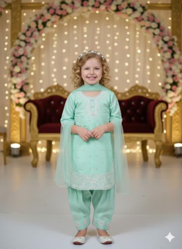 Image of A.T.U.N. (ALL THINGS UBER NICE) Girls Elegant Thread Embroidered Salwar Suit Set with Dupatta | Premium 3 Piece Traditional Ethnic Outfit for Festive Functions & Celebrations
