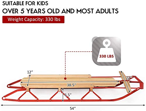 Nightcore Wooden Steel Runner Sled, 54'' Pull Steering Slider With Metal Runners And Steering Bar, Snow Sleigh Toboggan With Solid Wood Seat, Portable Wood Sleigh Snow Sledge For Kids And Adults #TOP5