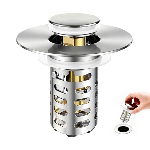 HUAERSICO Universal Waschbeckenstöpsel Pop Up Edelstahl Abflusssieb, Abflussstopfen mit Sieb für Waschbecken (28,5 mm bis 55 mm), Messing Kern, Anti-Verstopfung