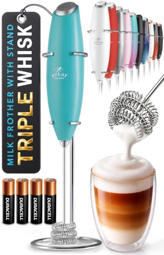 Image of Zulay Kitchen Powerful Milk Frother Wand With Duracell Batteries - Ultra Fast Handheld Drink Mixer - Electric Whisk Foam Maker for Coffee, Lattes, Cappuccino & Matcha - Triple Whisk - Queen Turquoise