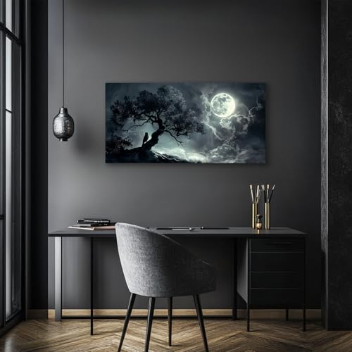 SERIMINO Large Wall Art for Living Room, Dark Landscape Canvas Prints Paintings, Moonlit Night Pictures Wall Decor Aesthetic, Moon and Tree Modern Home Decor Bedroom Bathroom Office Artwork 24"X48"