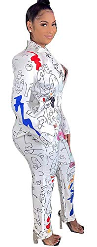 Recious Womens Sexy 2 Pieces Denim Printed Zipper Jackets Bodycon Pants Party Clubwear Tracksuit Outfits Set (M, White) #TOP1