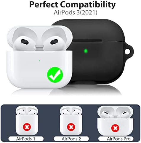 leQuiven Magnetic Case for AirPods 3 Generation 2021 with Wireless Support, Rugged Case with Carabiner for Airpods 3, [Front Visible LED] Silicone Shockproof Cover Earphone Accessories (Black)