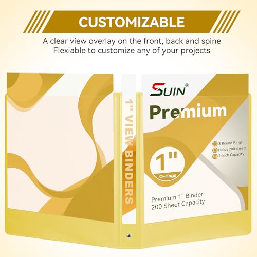 Image of SUIN 1 Inch 3 Ring Binder, Clear 1'' View Presentation Binders with 2 Pockets, Fits 8.5 x 11 Letter Size, Durable Polypropylene, Non-Stick & PVC-Free for School, Office & Home (Yellow)
