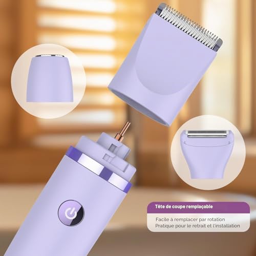 Rasoir Electrique Feminin Tondeuse précise pour visage et zones sensibles, Tondeuse à poils corporels pour visage, jambes, aisselles et zone pubienne,étanche,Sans fil, Écran LCD, Violet, 3 in 1 – vue 7