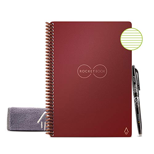 Rocketbook - Taccuino con rilegatura intelligente, riutilizzabile ed ecologico, con 1 penna Pilot Frixion e 1 panno in microfibra, a righe, copertina scarlatta, 15 cm x 22 cm