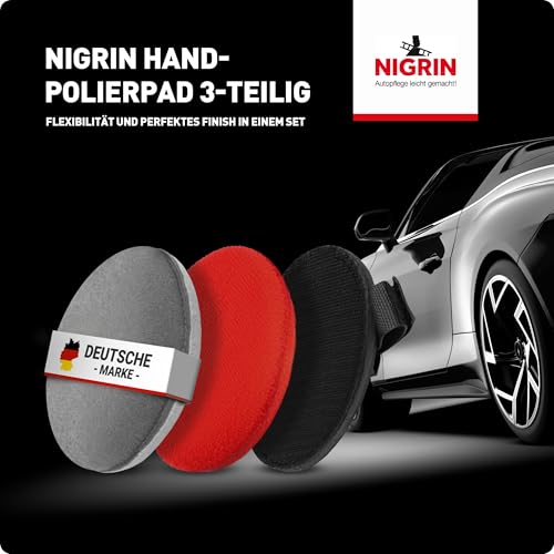 NIGRIN Hand-Polierpads, zum gleichmäßigen Auftragen von Polituren und Wachsen, mit Trägerteller und 2 Polierpads Mikrofaser & Glatt, 12,5 cm Durchmesser, 3-teiliges Set
