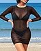 Daci Women's Sexy Sheer Mesh Swimsuit Cover up with Long Sleeves Beach Dress Bodycon Style Black L