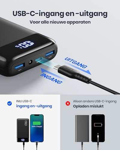 INIU Power Bank, 22,5W 20000mAh PD 3.0 QC 4.0 USB C Snel Opladen Externe Batterij, Kleine Draagbare Oplader met LED-display Zaklamp voor iPhone 17 16 15 14 13 12 Pro Max Samsung S25 S24 S23 iPad etc - Afbeelding 6