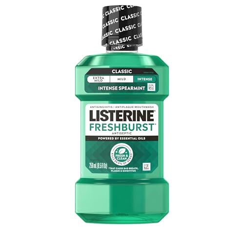 Listerine Freshburst Intense Antiseptic Mouthwash for Bad Breath, Kills 99.9% of Germs that Cause Bad Breath & Fight Plaque & Gingivitis, ADA Accepted Mouthwash, Intense Spearmint, 250 mL
