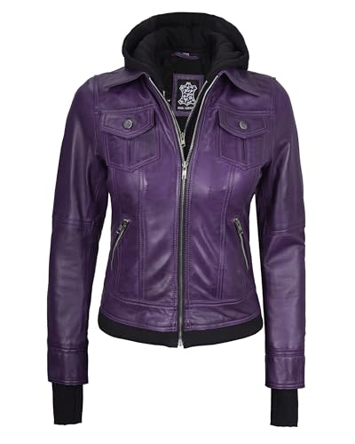 Image of Womens Leather Jacket with Detachable Hood - Real Lambskin Bomber Jacket Thumbholes Women