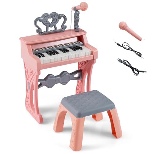 COSTWAY 25 Keys Kids Piano, Mini Electric Toddler Keyboard with Microphone, Music Stand, 22 Demos, 6 Tones, 6 Rhythms, Musical Instrument Toy for 3+ Years Old (High Stand with Stool)