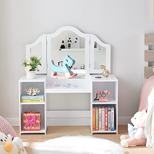 Kovhzcu Kids Vanity, 2 In 1 Princess Makeup Vanity Storage Cabinet With Detachable Top, Girls Vanity Set With Tri-Fold Mirror, Kids Vanity Set With Mirror Age 3-9 (White) #TOP3