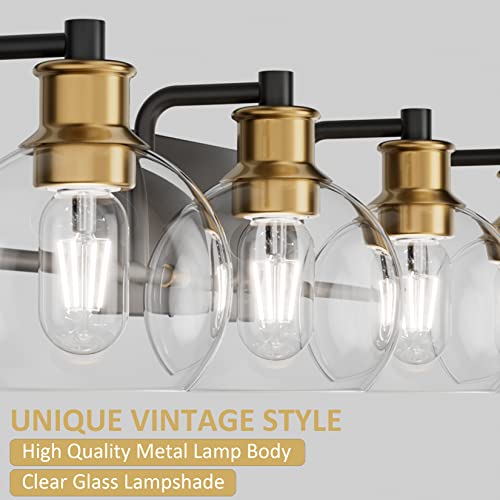 Tipace Industrial Bathroom Vanity Lighting Fixtures 4-Lights Vintage Black & Gold Finish with Globe Clear Glass Vanity Lights Farmhouse Bath Lighting(Exclude Bulb) by Tipace - Image 6
