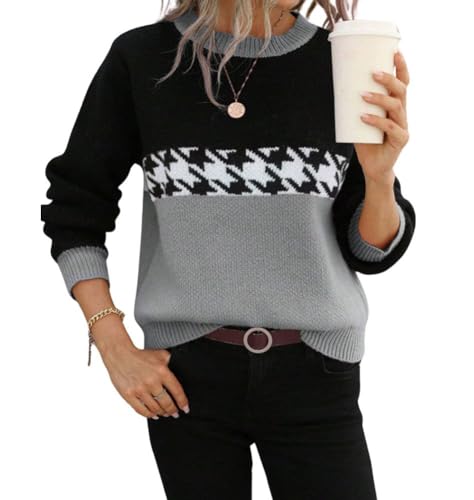 Image of chouyatou Women's Vintage Color Block Long Sleeve Pullover Sweater Houndstooth Printed Crewneck Jumper Tops