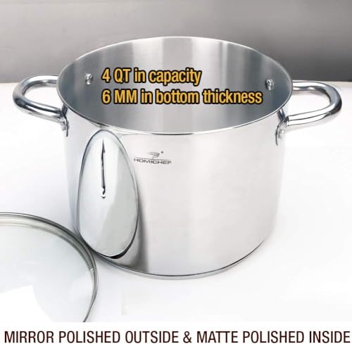 HOMICHEF Small Stock Pot 4 Quart Nickel Free Stainless Steel - Small 4 Qt Pot With Lid - 4Qt Stockpot With Lid - Soup Pot Small Cooking Pot 4 Quart - 4 Qt Pot With Glass Lid - Induction Pot With Lid - Image 3