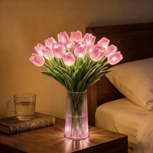 Radiant Romantic Tulip Light Twinkling Led Tulip Flower Lamp with Vase that Never Fade Artificial Flower Night Light for Bedroom Bedside Table Home Decor Creating A Cozy Haven (15 Pink)