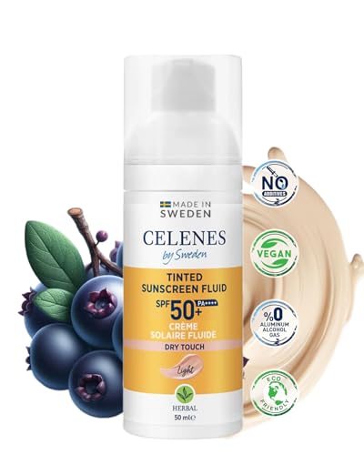 Celenes by Sweden Fluide Solaire Teinté, Toucher Sec aux Herbe SPF 50 - Creme Solaire 50 Protection Large Spectre, Toutes Peaux, Creme Solaire Visage Contre La Lumière Bleue, Végan Crème Solaire 50 ml