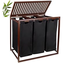 Bamboo Laundry Hamper 3 Section with Lid, 150 L Laundry Sorter with Pull-Out Removable Washable Bags, 3 12.5 Gal Divided Laundry Baskets for Laundry Room, Bathroom Black