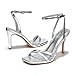 LULLASONG Silver Heels Strappy Ankle Strap High Women's Heels 3.5 Inch Heeled Square Open Toe Sandals for Women