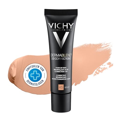 Vichy Dermablend [3D Correction], Teintkorrigierendes Make-up, Foundation bei unreiner und zu Akne neigender Haut, Ohne Maskeneffekt, Farbton: 45 gold, 30 ml