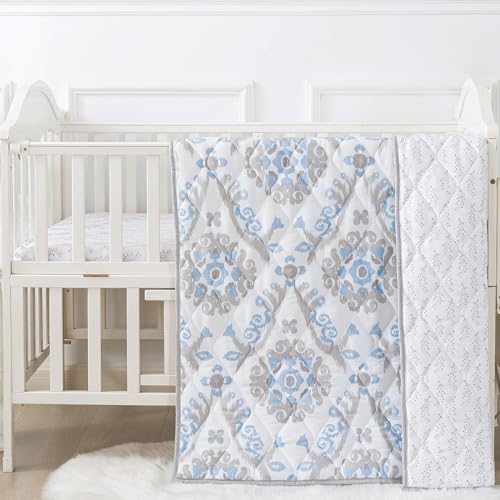 3-Piece Blue and Gray Crib Bedding Set for Girls and Boys. Standard Size Set Inlcudes Comforter, Neutral Crib Fitted Sheet, and Changing Pad Cover. Grey and Blue Damask Pattern