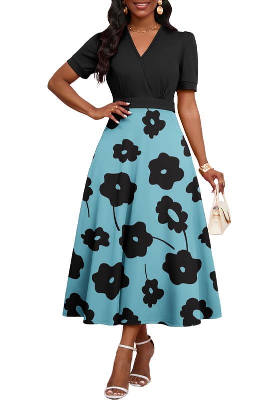 Image of MarryUP Women's Midi Dresses - V Neck Cocktail & Church Tea Dresses - Short Sleeve A-Line Swing Dress