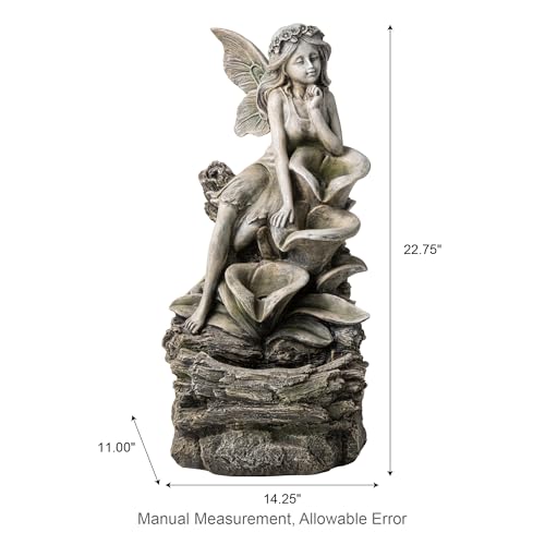 Glitzhome Water Fountain Outdoor, Outdoor Fountain with Lights & Pump, 22.75\" H 4-Tiered Concrete Fairy Polyresin Cascading Waterfall Floor Standing Water Feature for Garden, Patio, Yard, Deck