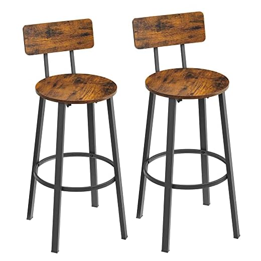 HILINSIE Bar Stools - Set of 2 Bar Chairs, Industrial Counter Stools with Backrest and Footrest, Steel Frame, 28.5 Inches Tall Seat for Kitchen, Dining Room, Bistro, Rustic Brown and Black