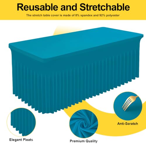 Image of Smiry Spandex Elastic Fitted Table Cloth Skirt for 5FT Rectangle Table | Stretch Washable Table Cloth, Banquet Table Cover for Wedding, Party, Indoor & Trade Shows, (Turquoise, 60Lx30Wx30H)