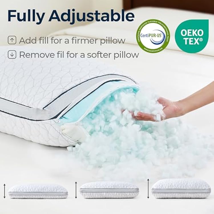 Cooling Pillow with Shredded Memory Foam for Sleeping, 20x30 Adjustable Bed Pillow with Cool & Bamboo-Derived Rayon Side, Firm Pillow with Cooling Gel for Hot, Back, Stomach or Side Sleeper (Queen)