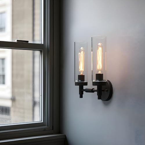 Image of Phansthy Rustic Industrial Wall Sconce Light with Tubular Clear Glass Lampshade (Double Sconce)