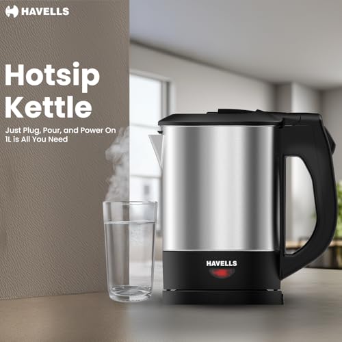 Image of Havells HOTSIP Electric Kettle | 1250 W | 1 L Capacity | Rust Resistant 304 Stainless Steel Tank | Triple Safety Protection | Wider Mouth for Easy Filling (Black & Silver)