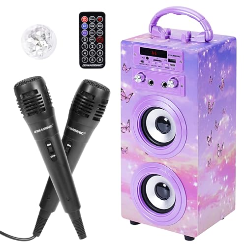 Máquina de Karaoke Portátil DYNASONIC, Altavoz Karaoke con 2 Micrófonos, Altavoz Bluetooth, Luz USB incluida, Lector USB y SD, diseño Exclusivo, Regalo Original (Modelo 18 con Luz)