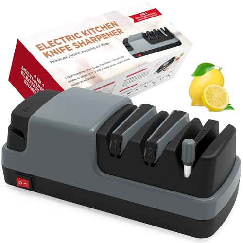 YOORLEAY Afilador de cuchillos eléctrico 4 en 1 para cuchillos de hoja recta, cuchillos dentados, cuchillos de cerámica y tijeras, gris