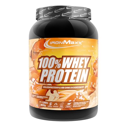 IronMaxx 100% Whey Protein Pulver 900g - Salted Caramel | Cremiger Eiweißshake mit BCAAs & EAAs | High Protein, Low Carb & zuckerarm | Ideal für Muskelaufbau & Fitness Design kann variieren
