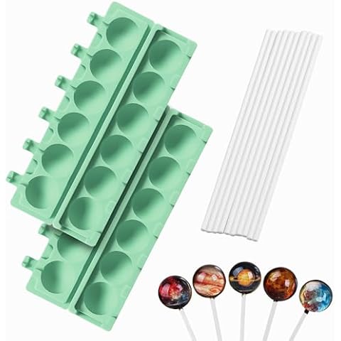 QELEG 2pcs Silicone Lollipop Molds with 100 Paper Sticks, 6-Capacity 3D Round Hard Candy Ice Ball Molds for DIY Chocolate Cake Pop Cover