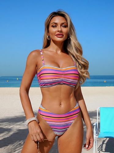 Image of ZAFUL Women 4pcs Ruched Striped Bikini Set High Cut Swimsuit with Sheer Fringed Cover Up Side Slit Shorts