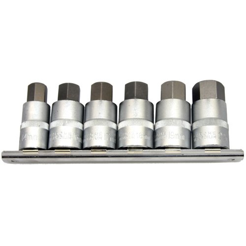 6 x Kurze Kraft Steckschlüsselsatz/Schraubendreher-Einsätze 14-22 mm Innensechskant Einsatz/Steck-Nuss Schlüssel für Innen-6-kant Schrauben 1/2 Cr-V auf Steckleiste