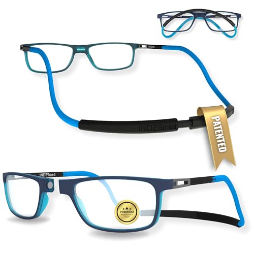 INDESMED Magnetic Reading Glasses – Blue Light Blocking Computer Readers – Patented Adjustable Fit – Interchangeable, Flexible Neck Straps – Presbyopia Glasses for Men & Women (Blue, 2, Dioptres)