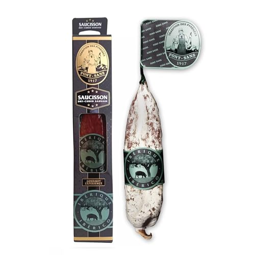 FONT-SANS 1917 Salchichon Iberico, Salami, Schwarz Swein – Iberico Pata Negra Bauernwurst – Trockenwurst, Spanische Gourmet-Wurstwaren Tradition aus den Pyrenäen (220g) (IBERICO PATA NEGRA)