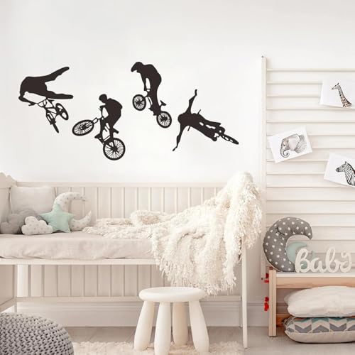 4 Pcs Black BMX Cyclist Jump Bicycle Extreme Sports Bike Rider Wall Decor Stickers, Wall Vinyl Decal Home Decor Art Sticker for Man Kids Boys Room Bedroom Home Decor
