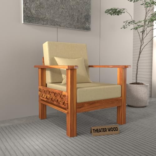 Image of Solid Sheesham Wood 1 Seater Sofa | Modern Wooden Sofa Chair with Upholstered Cushioned Seat & Backrest | Handmade Carved Accent Armchair for Living Room, Bedroom & Office