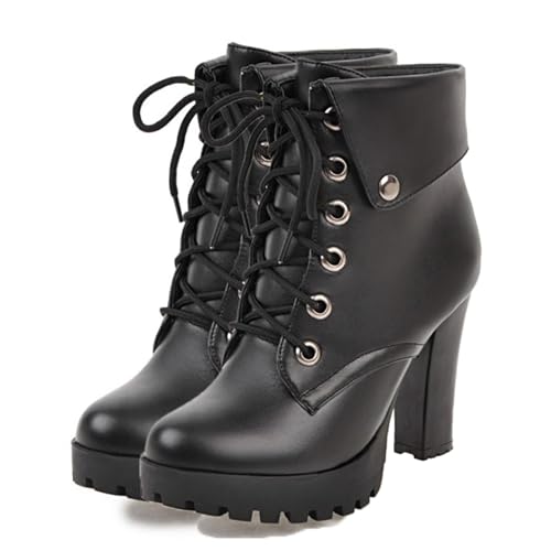 Image of FOREADA Goth Boots Chunky Heel Boot For Women Ankle Combat Booties Black Platform Bootie Buckle Rivets Punk Goth Shoes With Zipper