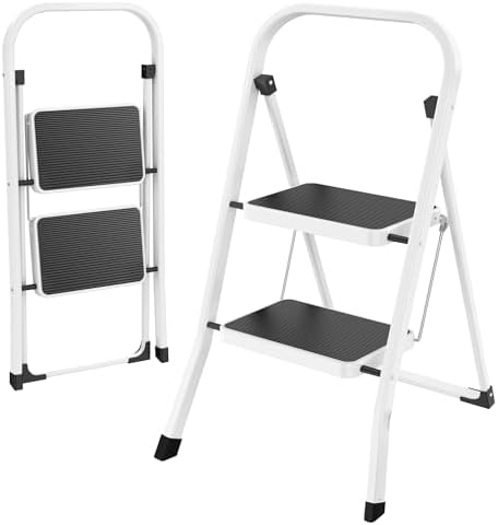 HBTower Step Ladder 2 Step Ladder Folding Step Stool, 2 Step Stool for Adults with Anti-Slip Pedal,330 lbs Capacity Step Stool for Kitchen, Home,White