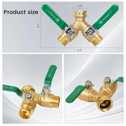 Garden Hose Splitter 2 Way, Heavy Duty Brass Y Valve Garden Hose Splitter With Stainless Steel Long Handle, Full Flow Hose Splitter Connector, Y Valve 3/4 Inch GHT Thread