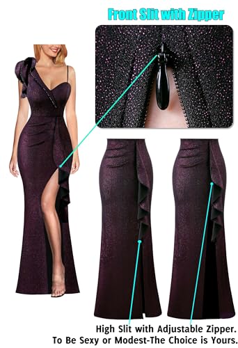 Image of VFSHOW Womens Formal Prom Elegant Ruffle One Shoulder Beaded Strap Ruched Slit Maxi Dress Wedding Evening Long Gown
