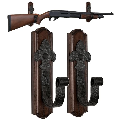 TESLYAR Gun Rack for Wall – Horizontal Gun Wall Mount with Metal Hooks – Rifle Rack – Shotgun Wall Mount – Wood Gun Holder for Wall Display – Stylish Indoor Gun Racks (Lily Style)