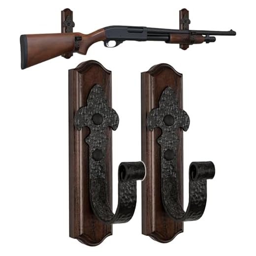 TESLYAR Gun Rack Wall Mount Hold Up Displays Horizontal Gun Rack and Shotgun Hooks Store Rifle Shotgun Bow Real Hardwood Hanger Brown
